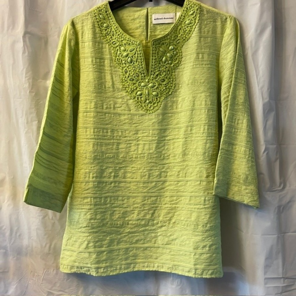 Alfred Dunner Chartreuse Green Embroidered Crochet Beaded Boho Indie Tunic Sz 10